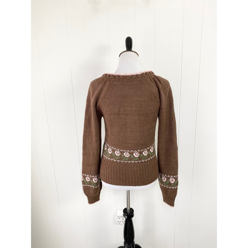 NWT Kimchi Blue Urban‎ Outfitters M Brown Floral Ruffle V-Neck Cardigan Coquette - Picture 2 of 12